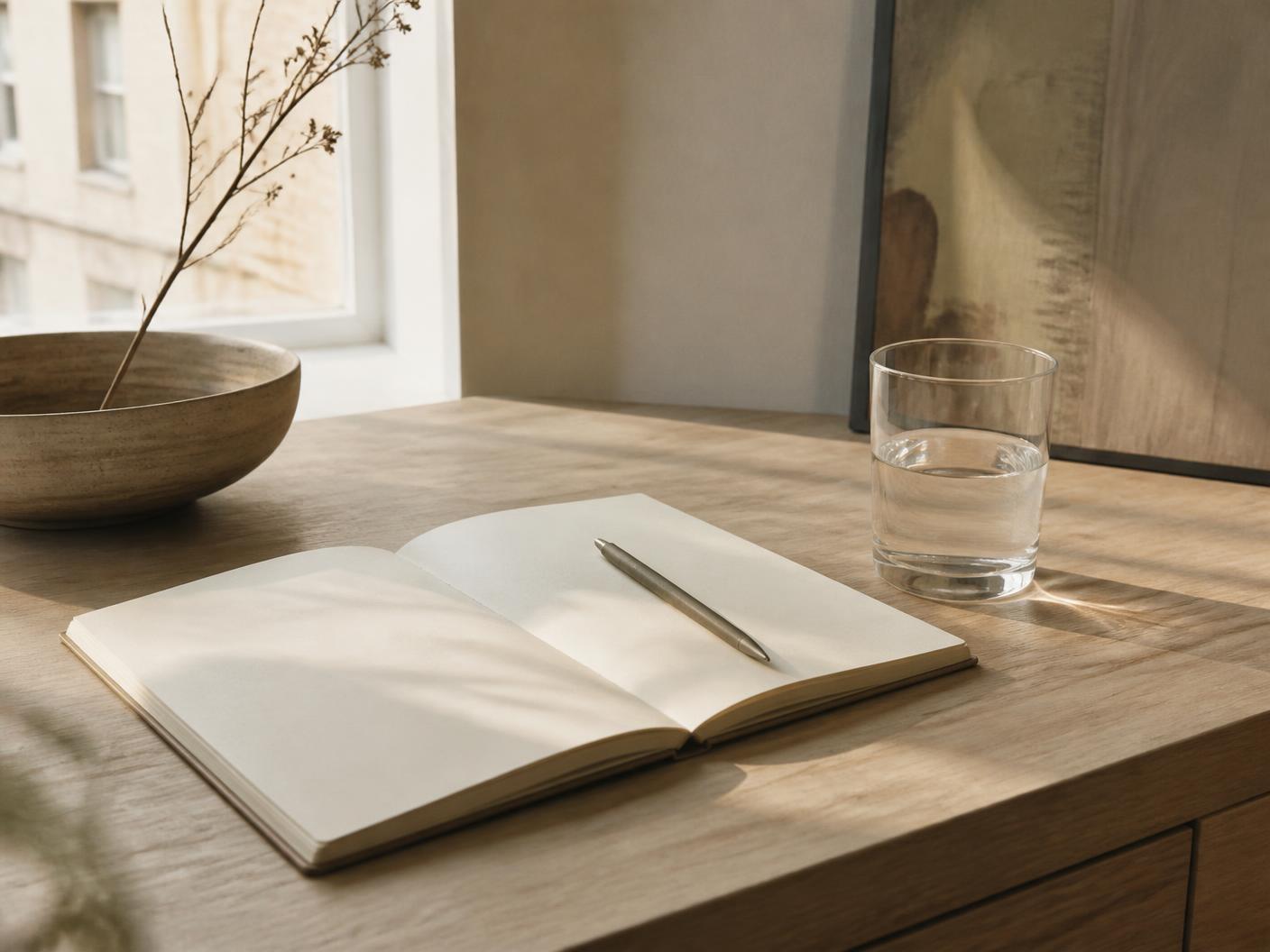 An open notebook and pen on a desk in soft window light
